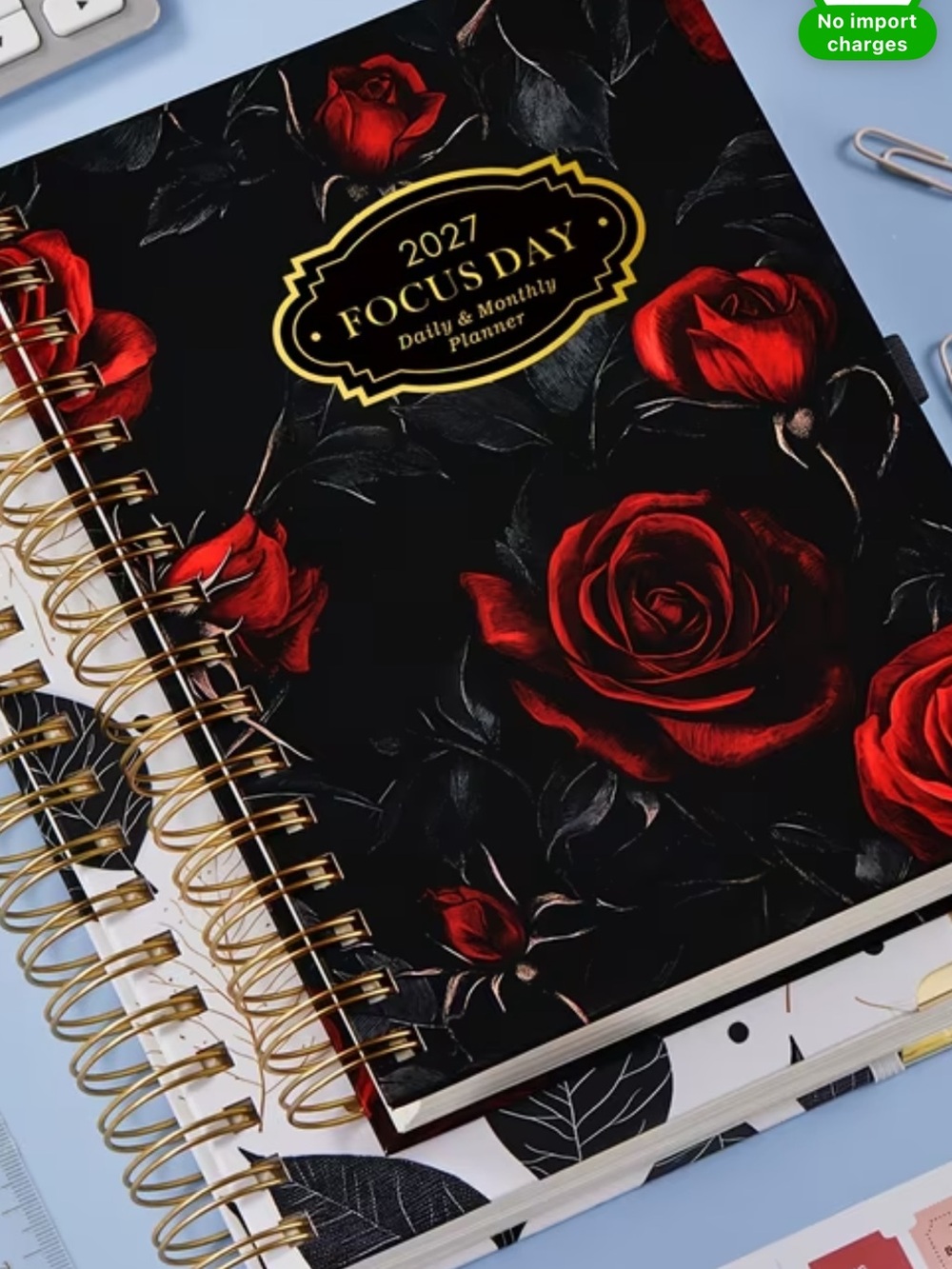 2027 Daily & Monthly Planner - Black with Red Rose Cover
